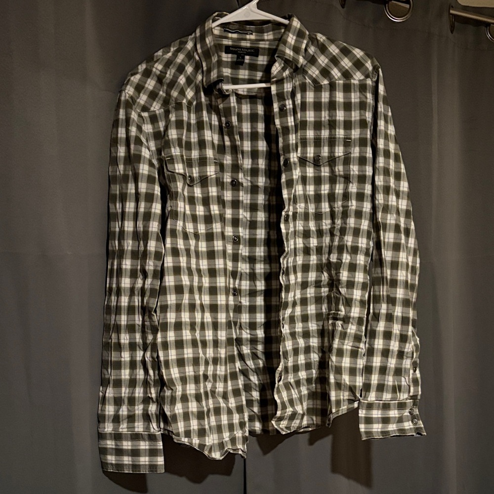Green and White Plaid Button-Up